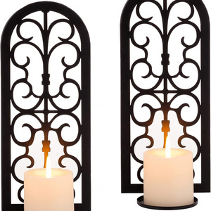 Metal Candle Sconces Hanging Wall Candle Holders Set of 2 Black Vintage Wall Mounted Sconce for Tea Light Pillar Candles