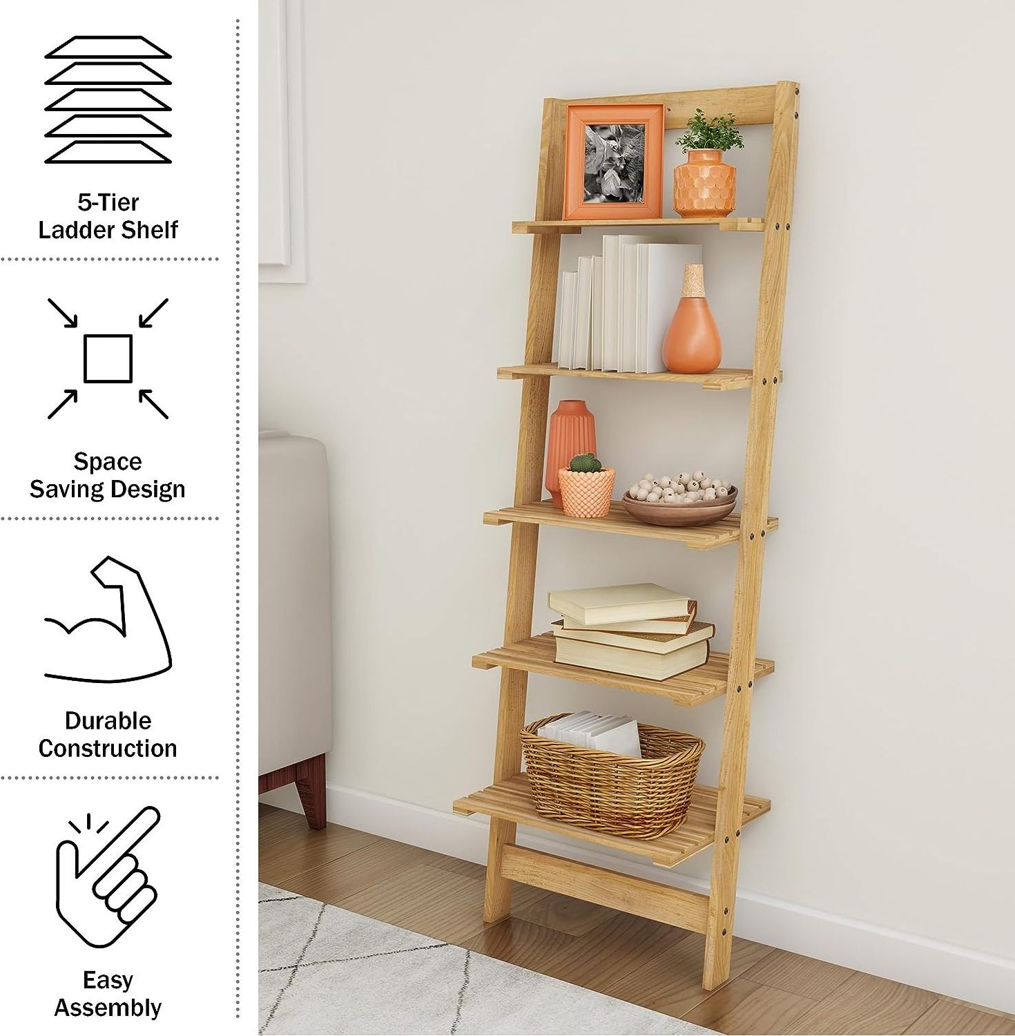 Boho Home Decor Wooden Narrow Leaning Book Shelf 5-Tier Ladder Shelf