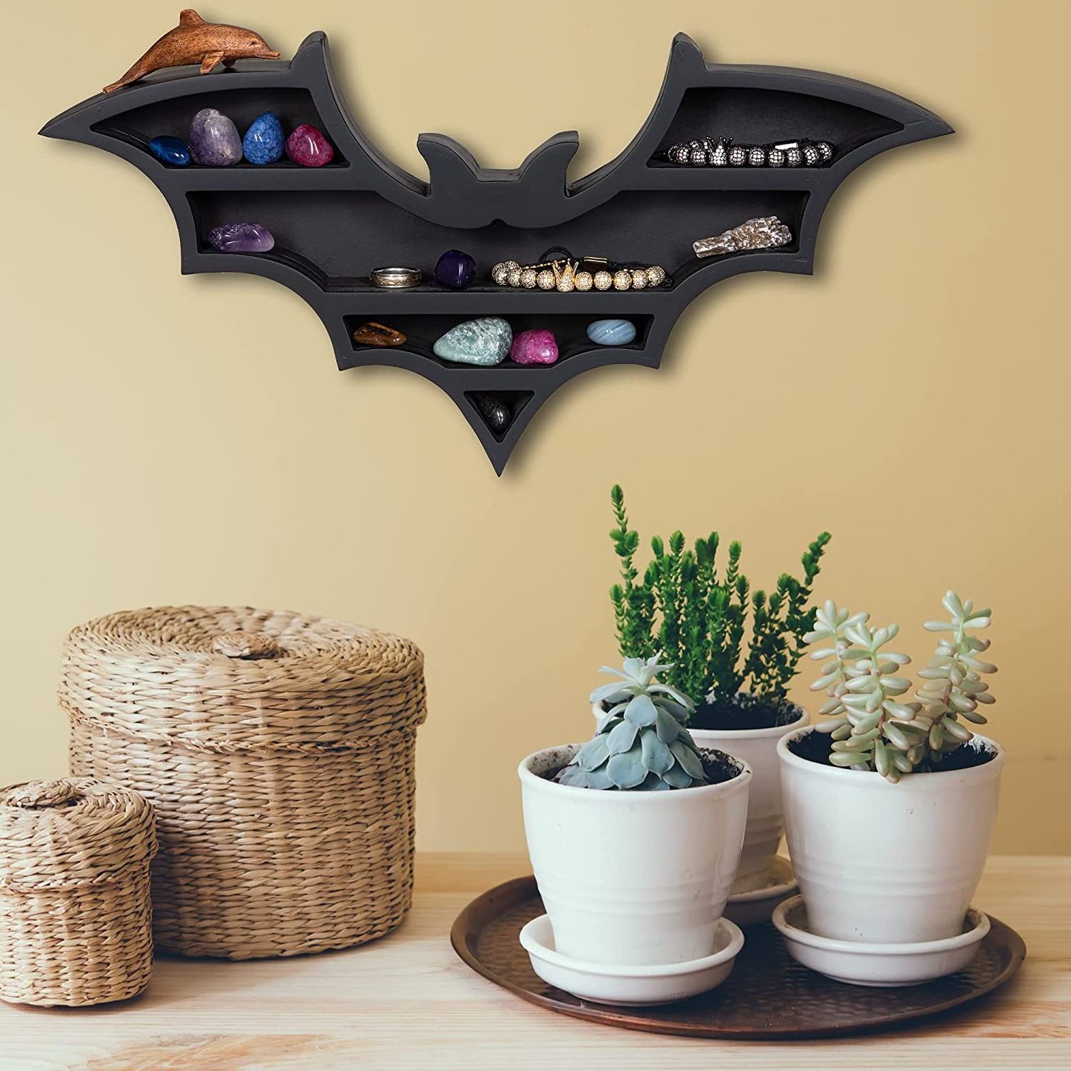 Wall Mounted Hanging Floating Wooden Black Vampire Bat Crystal Holder Shelf for Spooky Horror Gothic Witchy Room Decor