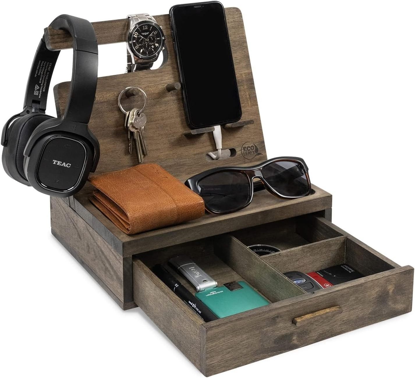 Nightstand Organizer Valet Tray for Men Rustic Bedside Table 