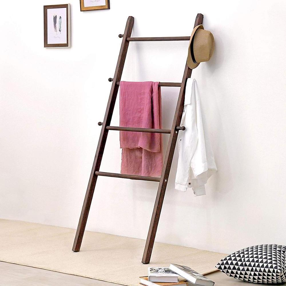 Rustic 5-Foot Wall-Leaning Dark Brown Wood Garment Blanket Towel Ladder Wall Rack Wooden Ladder Shelf