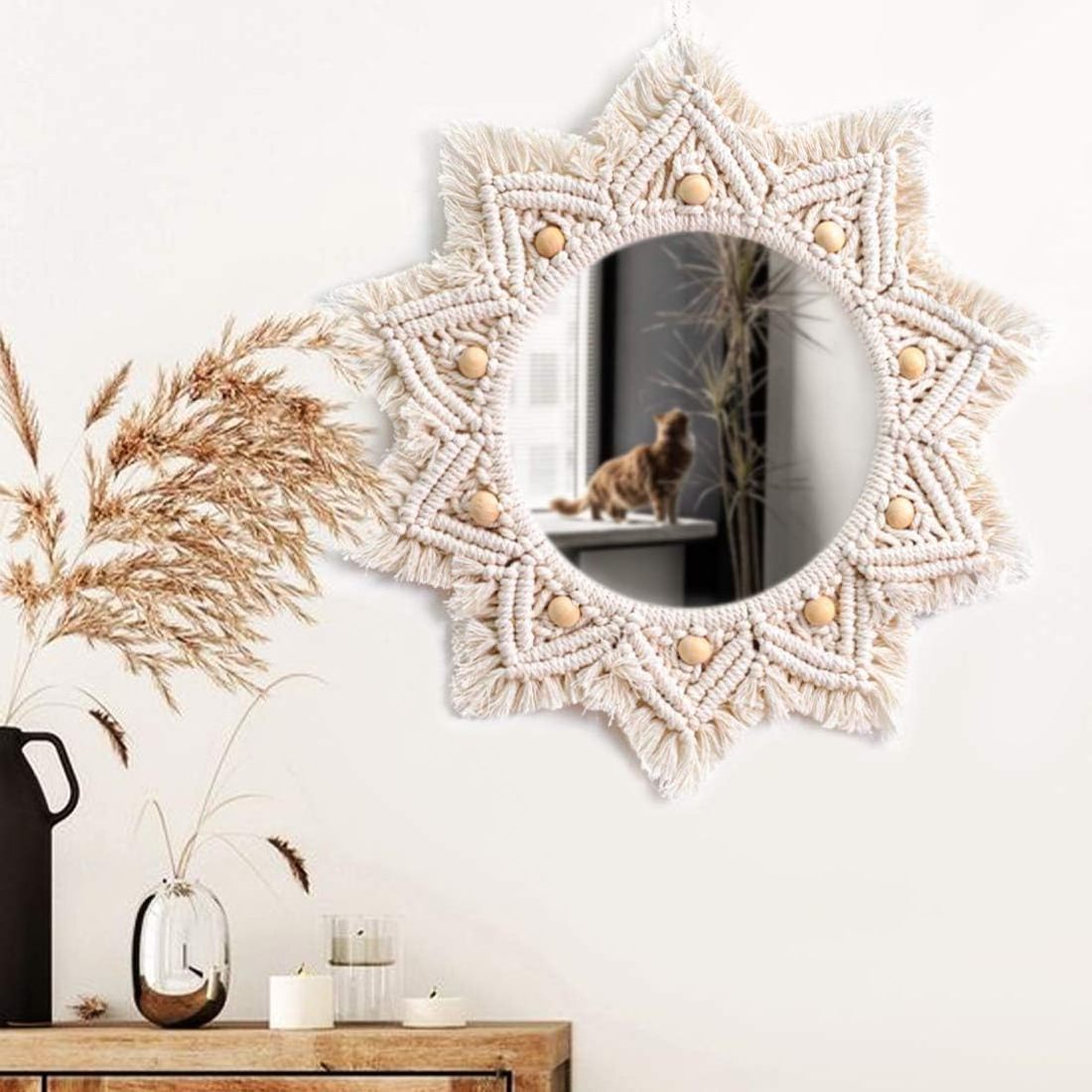 Boho Wall Decor Mirror Macrame Circle Hanging Mirror for Bedroom Living Room Apartment Entryway Home Decor