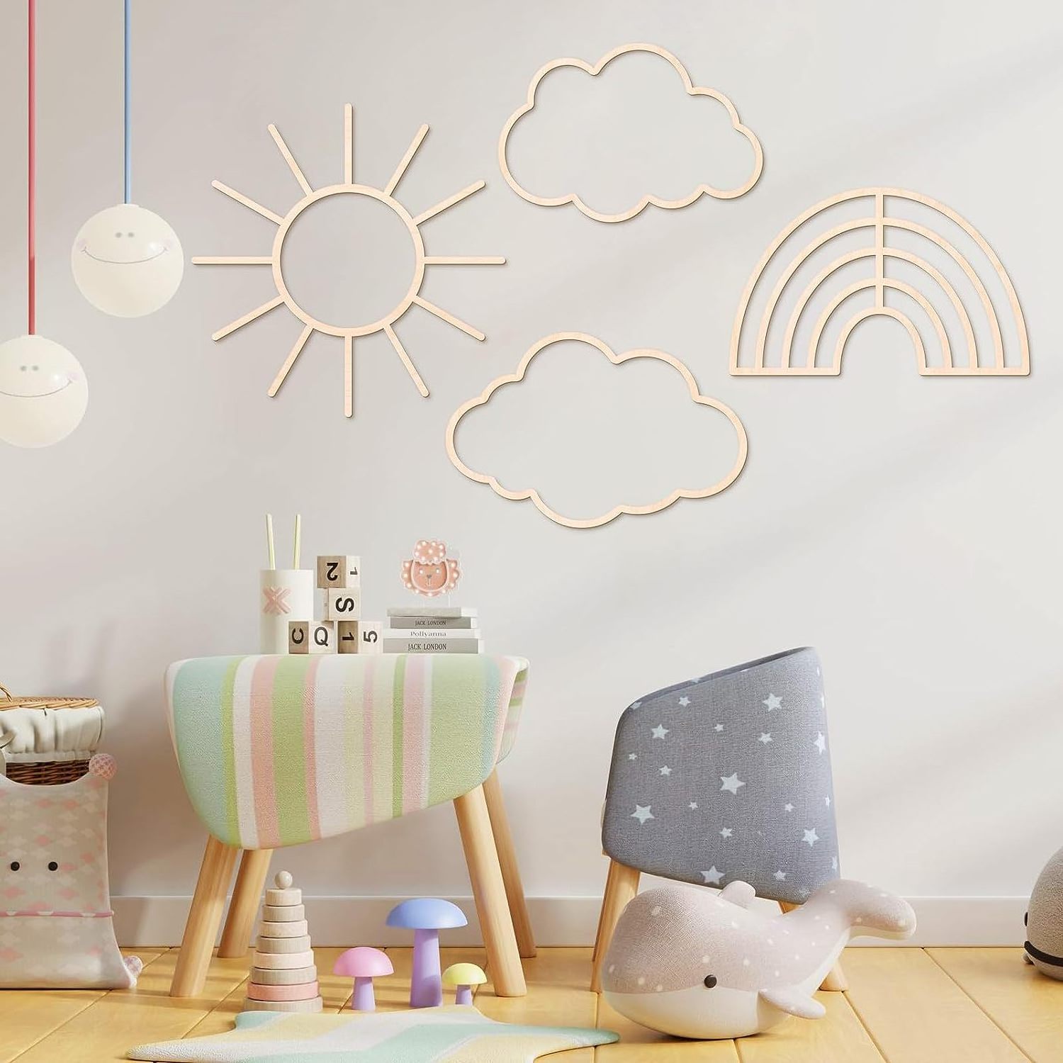 7 Pcs Boho Nursery Sun Cloud Wall Decor Wooden Nursery Wall Decor Moon and Stars Decor Wood Rainbow Wall Art for Nursery