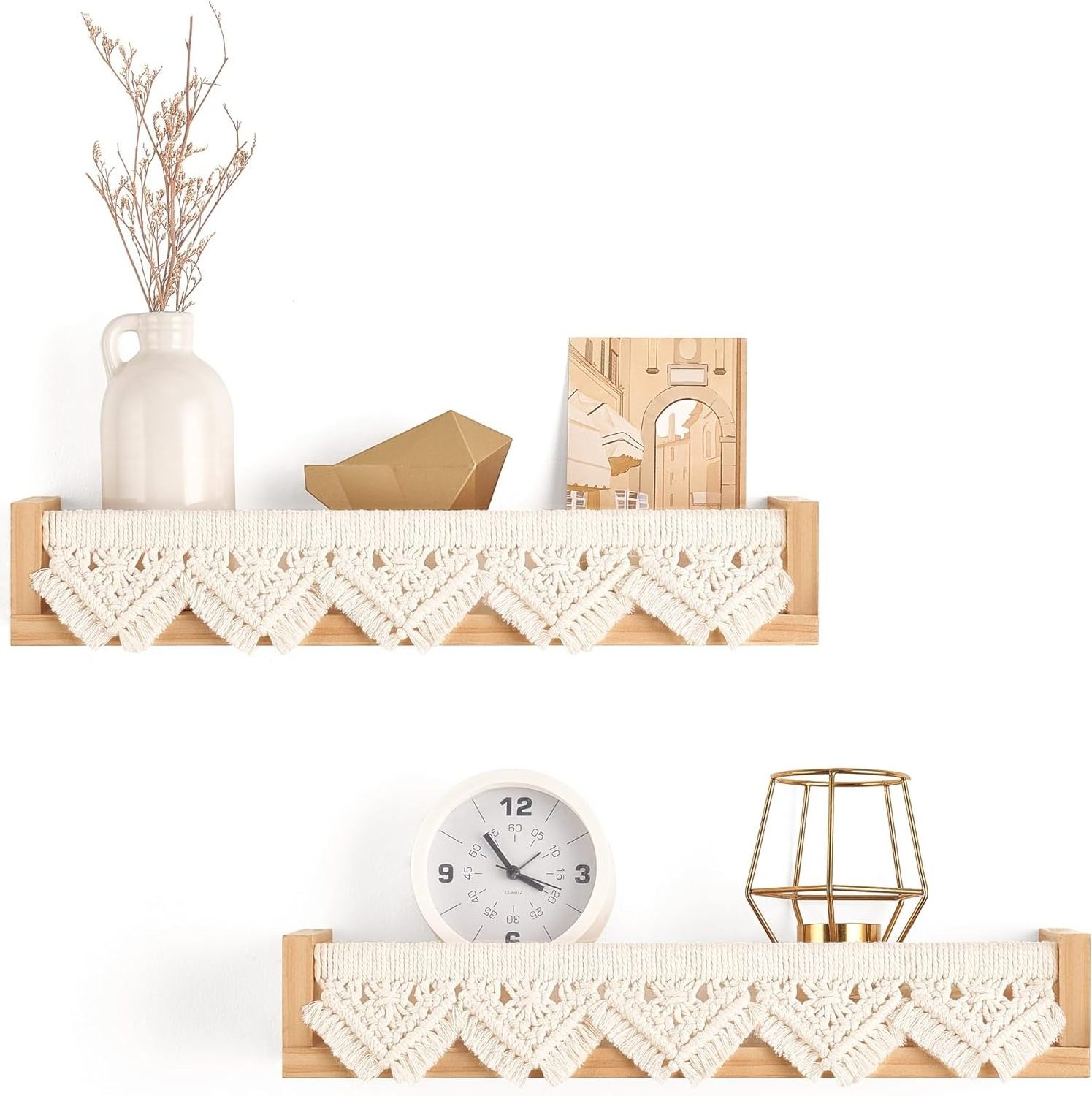 Macrame Floating Shelves Boho Wall Decor Set of 2 Natural Wood Hanging Storage Shelf for Nursery Dorm Room