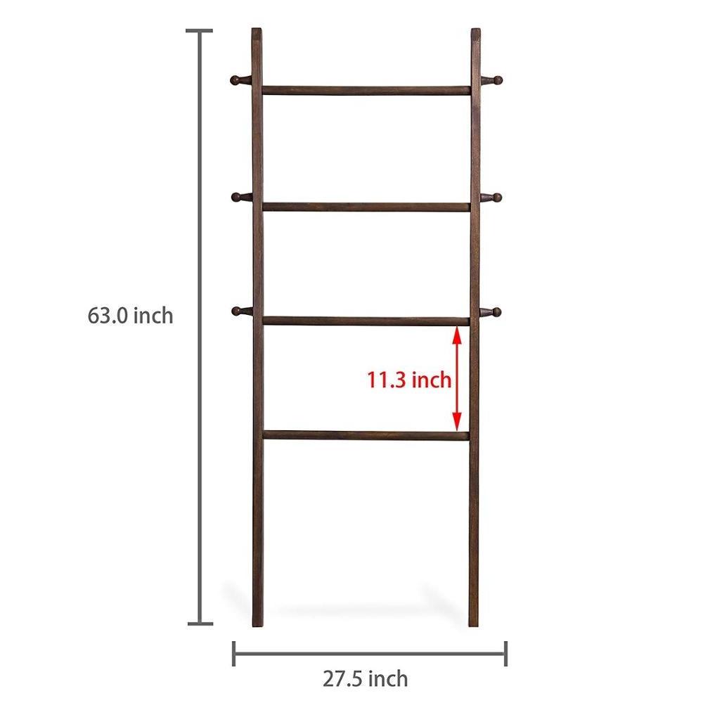 Rustic 5-Foot Wall-Leaning Dark Brown Wood Garment Blanket Towel Ladder Wall Rack Wooden Ladder Shelf