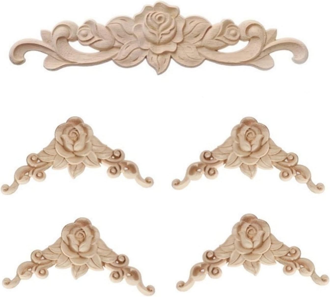 5PCS Wood Carved Onlay Applique Wood Appliques Onlays DIY Carved Furniture Appliques Onlays Unpainted Center Carving Decal