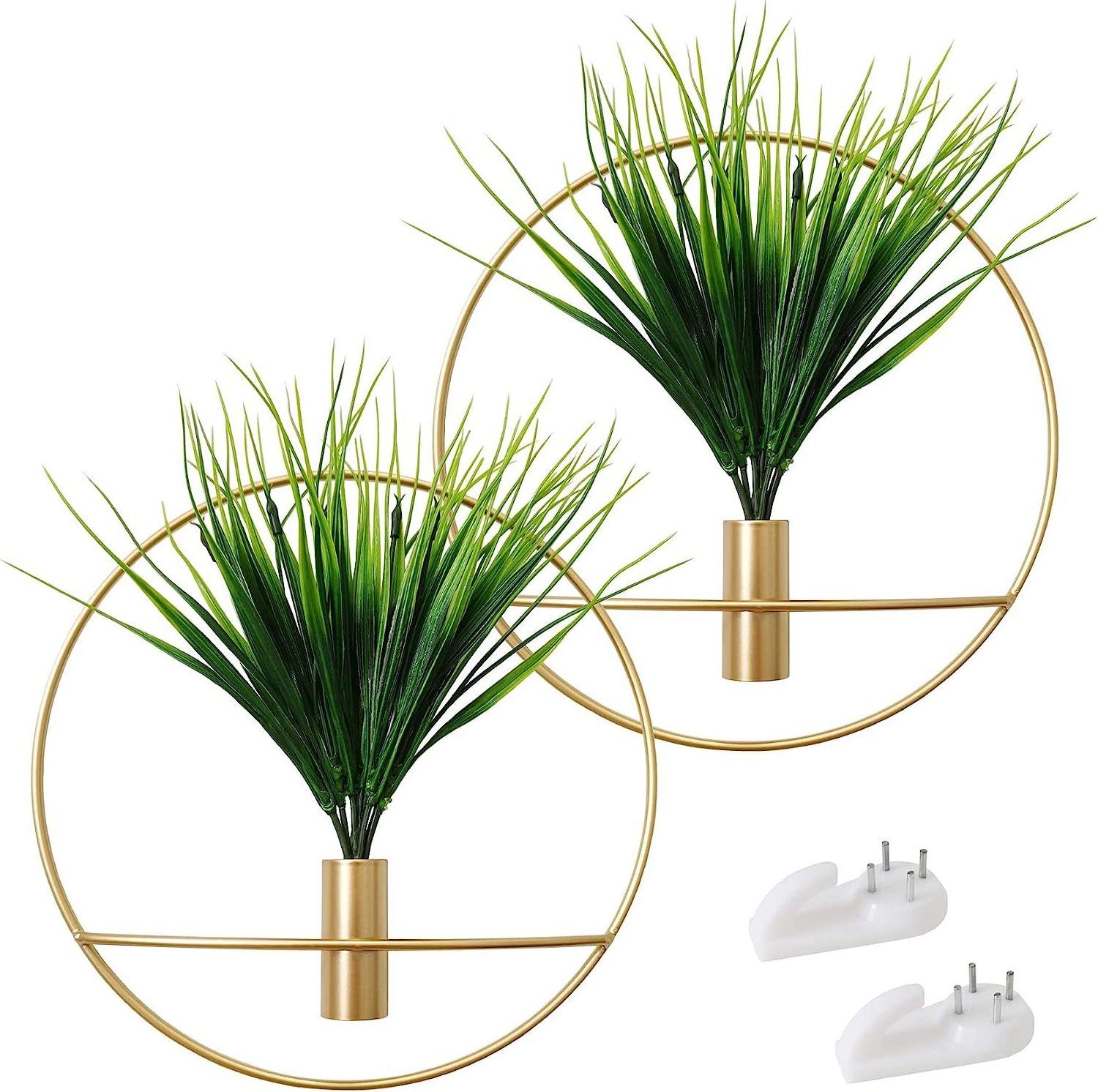 Wall Mounted Green Fake Plants in Metal Hoop Artificial Plants with Gold Metal Round Hanging Hoop for Wall Decor