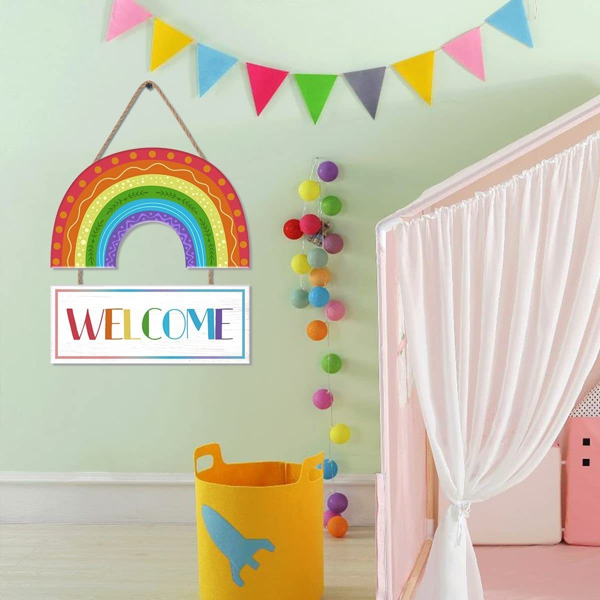 Boho Rainbow Wall Decor Rainbow Welcome Wooden Hanging Door Sign For Kids Bedroom Playroom Classroom Decor