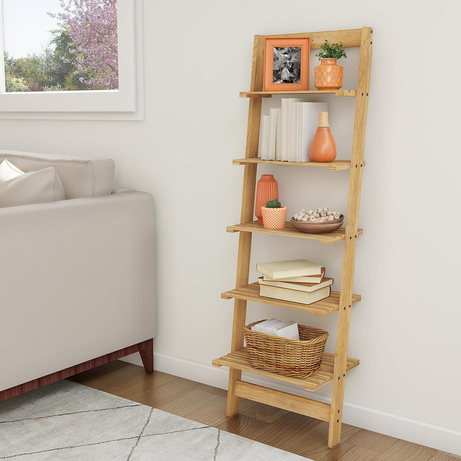 Boho Home Decor Wooden Narrow Leaning Book Shelf 5-Tier Ladder Shelf