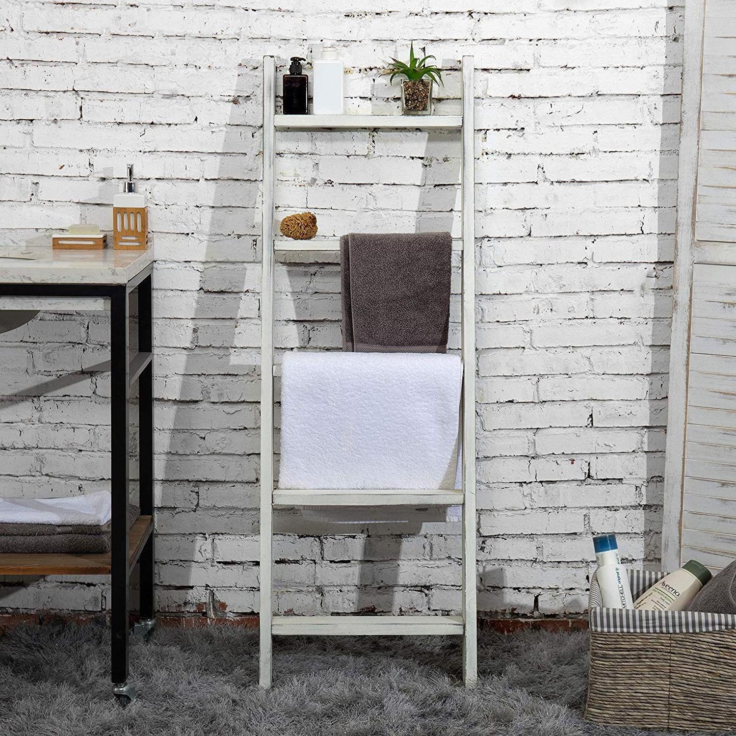 4.5-foot Tall Torched Wooden Ladder Shelf Wood Blanket Ladder Rack Vintage White