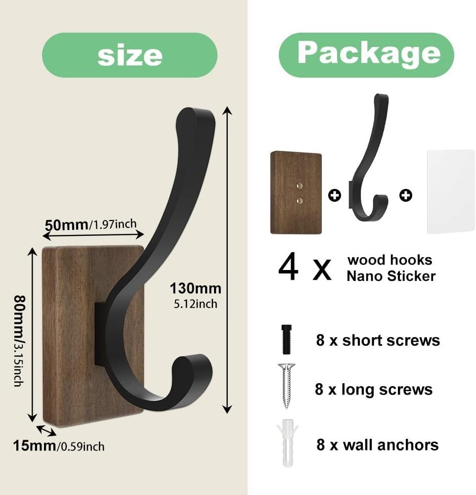 Wood Wall Hooks for Hanging Hooks Wall Mounted Wooden Rustic Farmhouse Heavy Duty Towel Hooks