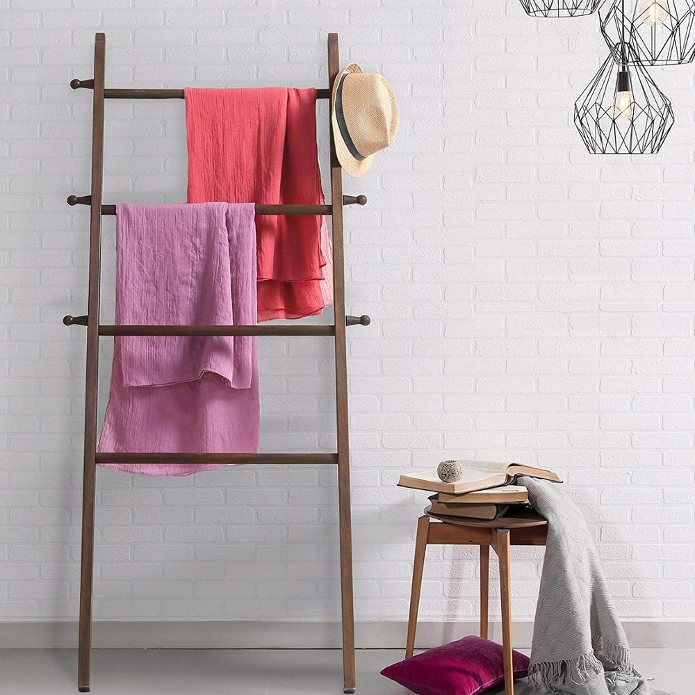 Rustic 5-Foot Wall-Leaning Dark Brown Wood Garment Blanket Towel Ladder Wall Rack Wooden Ladder Shelf