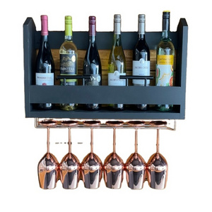 Wine Shelf  Wine Rack  Matte Black With Wine Glass Rack Solid Wood & Hand Made