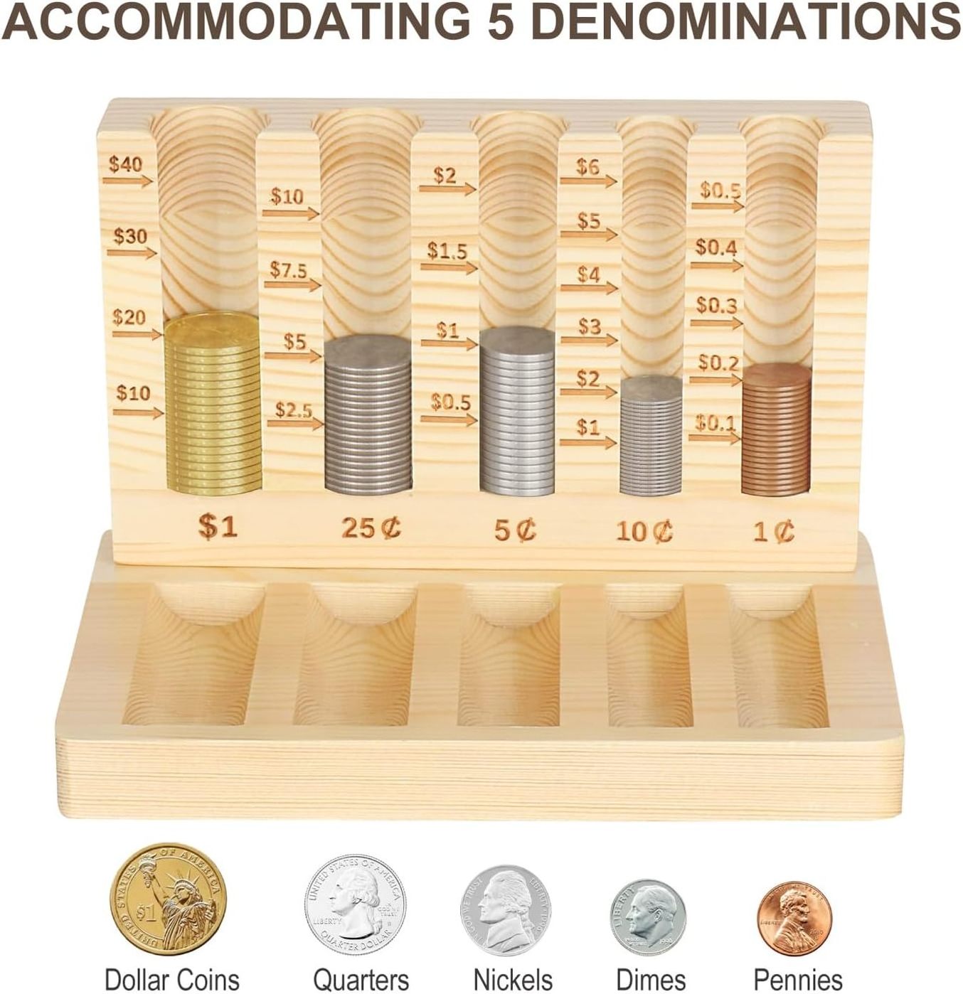 Wooden Coin Counter Piggy Bank Coin Sorter with 5 Compartment Change Organizer Coin Holder