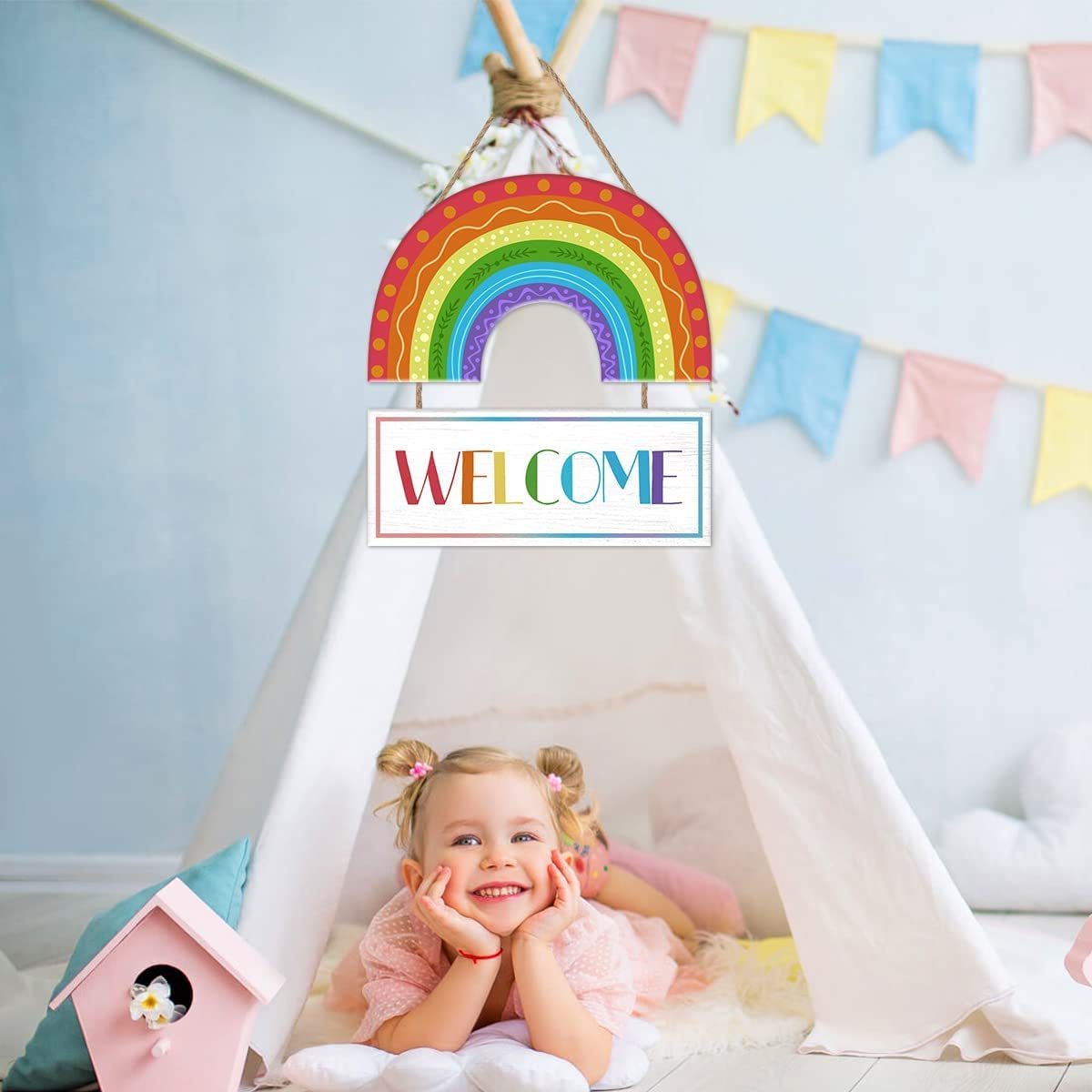 Boho Rainbow Wall Decor Rainbow Welcome Wooden Hanging Door Sign For Kids Bedroom Playroom Classroom Decor