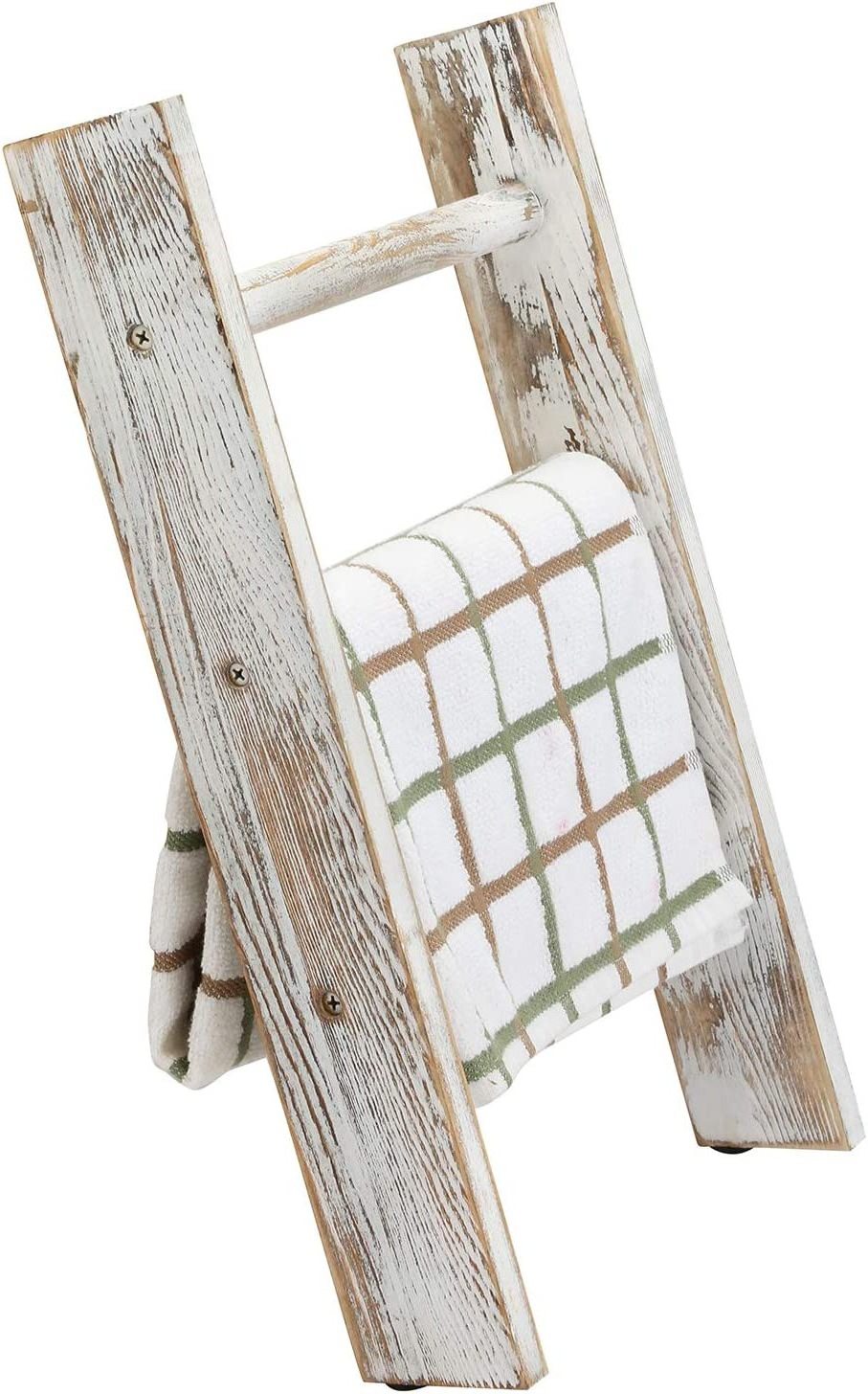 Rustic Whitewashed Wood Countertop Kitchen Towel Ladder Farmhouse Bathroom Hand Towel Holder Rack