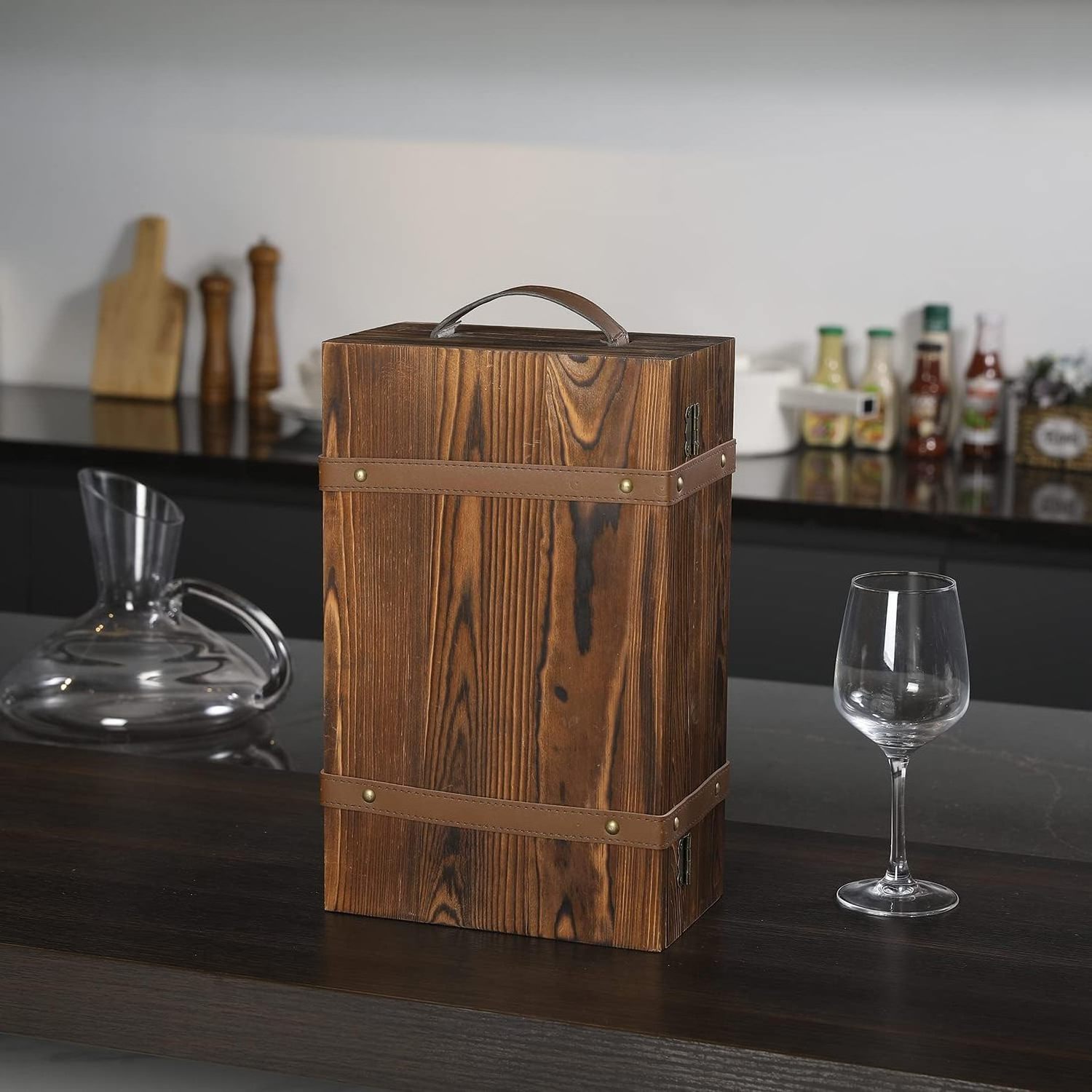 Double Bottle Decorative Wine Gift Box Rustic Burnt Wood Wine Box with Latched Lid  Liquor Bottle Storage Carrying Case