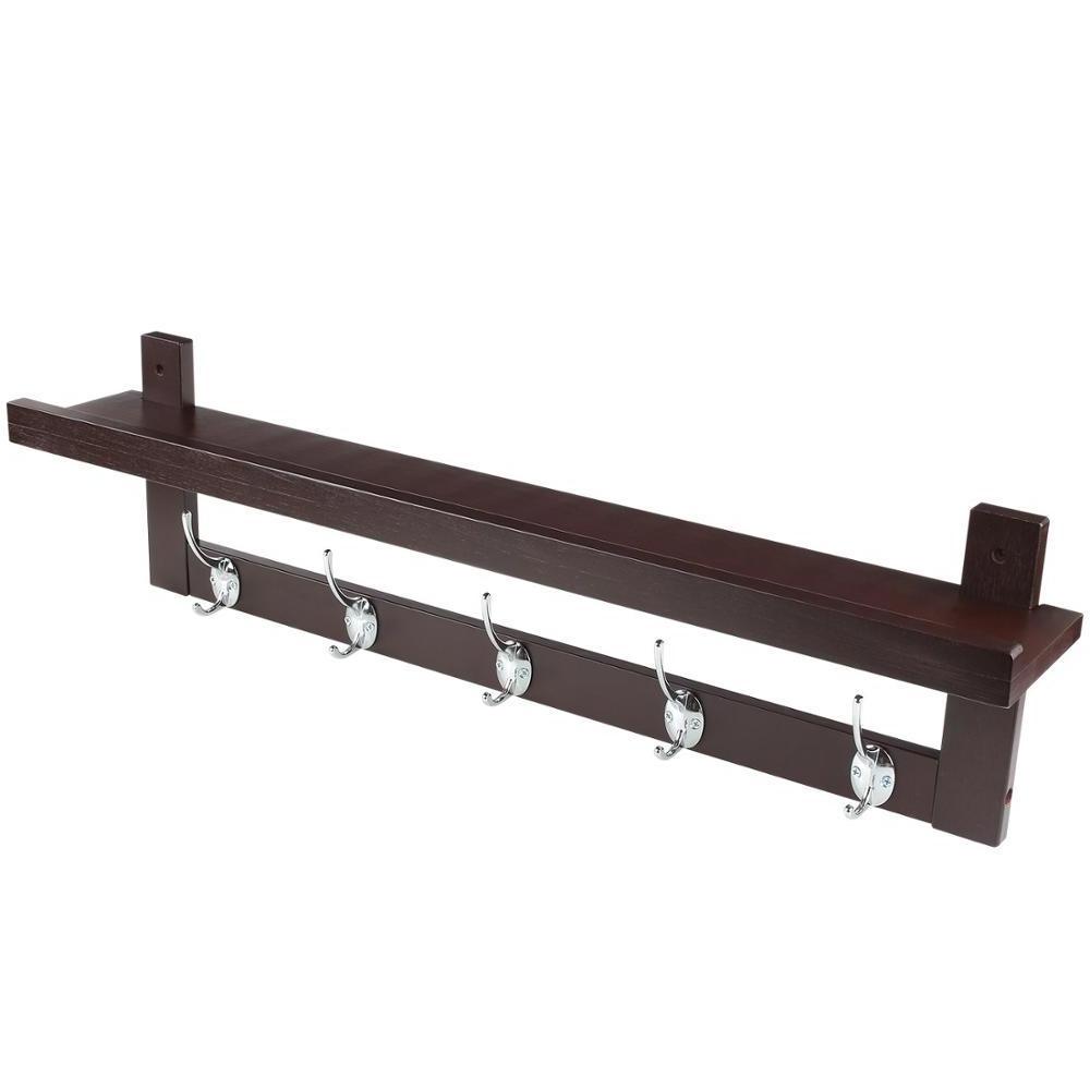 Wall-Mounted Entryway Hanging Wall Shelf Coat Hook Rack with 5 Dual Metal Hooks for Hallway Bathroom Living Dark Brown