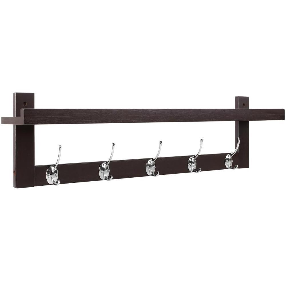 Wall-Mounted Entryway Hanging Wall Shelf Coat Hook Rack with 5 Dual Metal Hooks for Hallway Bathroom Living Dark Brown