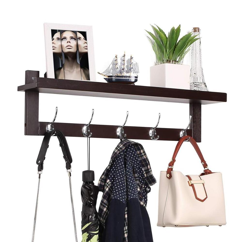 Wall-Mounted Entryway Hanging Wall Shelf Coat Hook Rack with 5 Dual Metal Hooks for Hallway Bathroom Living Dark Brown