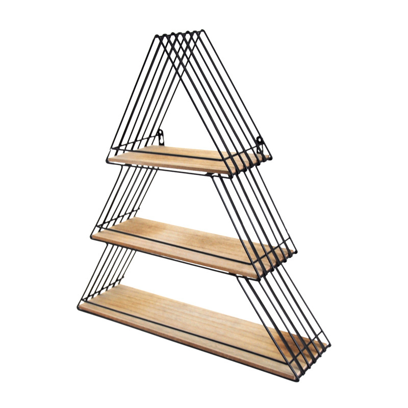 Triangle 3 Tiers Wood and Metal Wall Floating Shelf