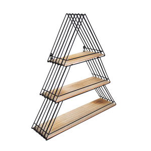 Triangle 3 Tiers Wood and Metal Wall Floating Shelf