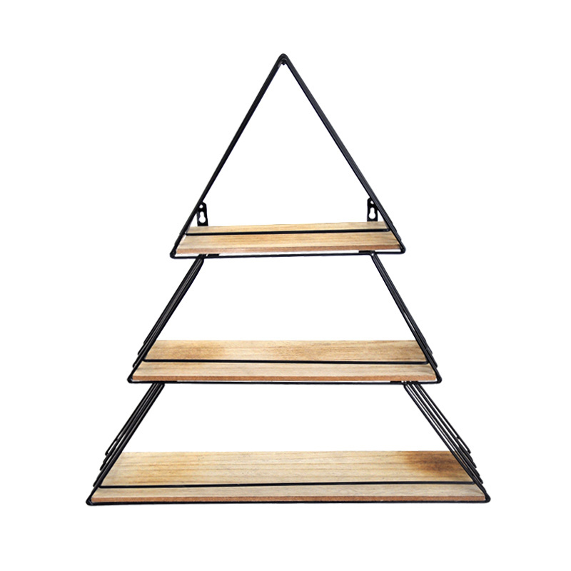 Triangle 3 Tiers Wood and Metal Wall Floating Shelf