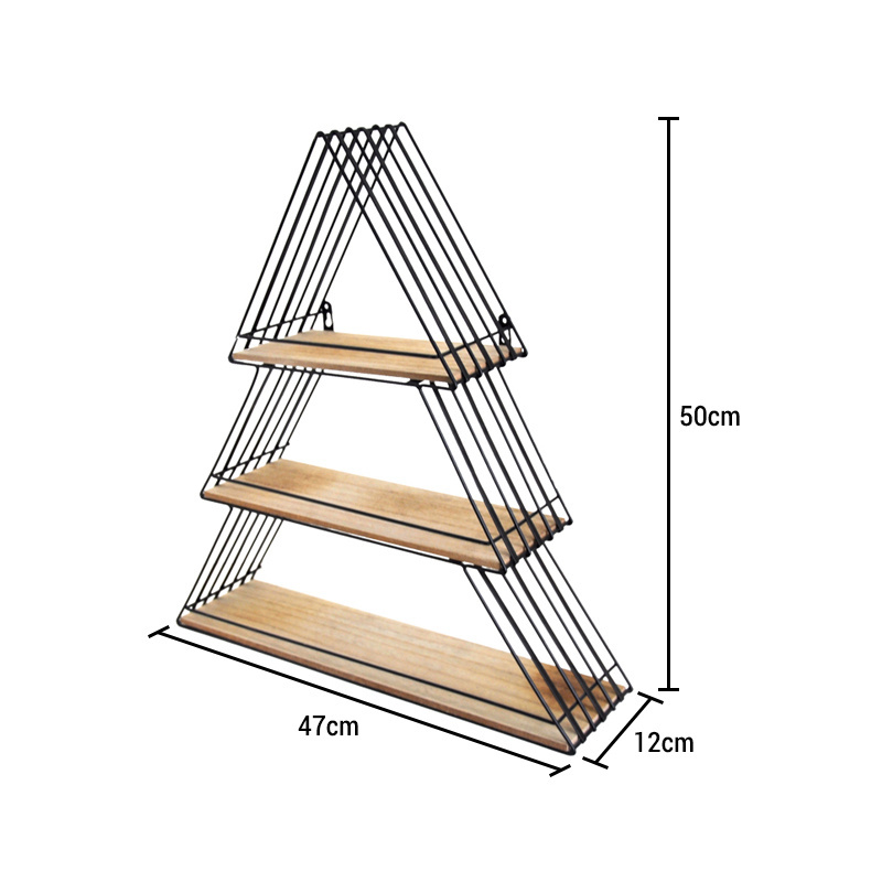 Triangle 3 Tiers Wood and Metal Wall Floating Shelf