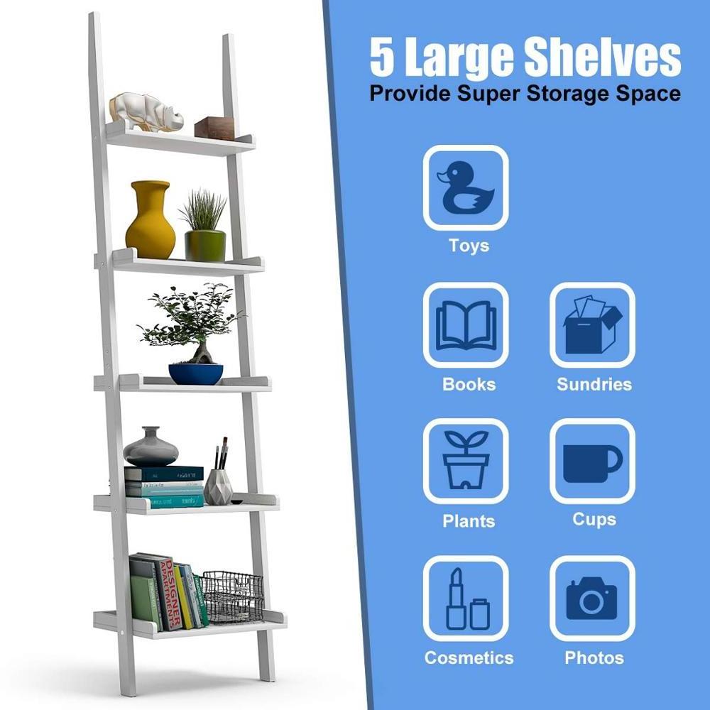 White 5-Tier Multifunctional Modern Wood Book Shelf Home Office Storage Rack Leaning Ladder Wall Shelf