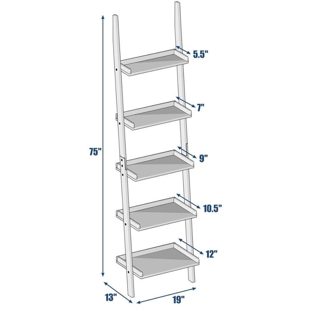 White 5-Tier Multifunctional Modern Wood Book Shelf Home Office Storage Rack Leaning Ladder Wall Shelf