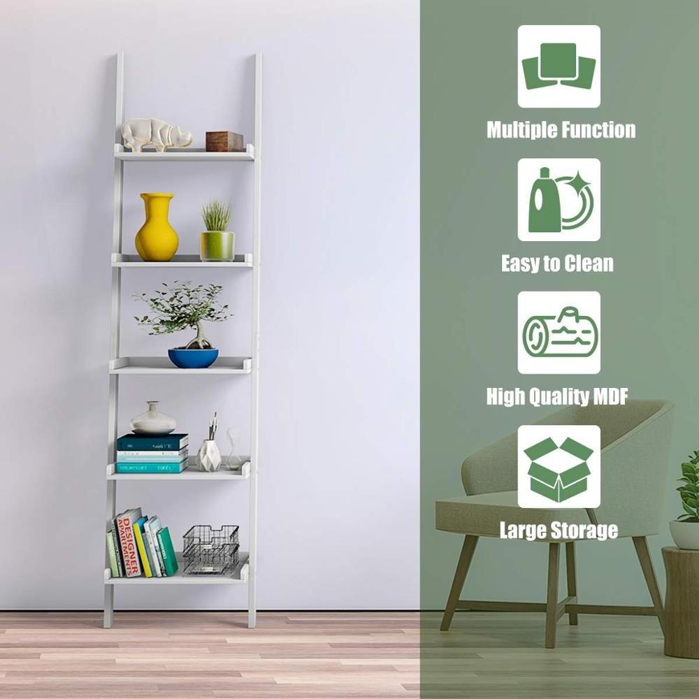 White 5-Tier Multifunctional Modern Wood Book Shelf Home Office Storage Rack Leaning Ladder Wall Shelf