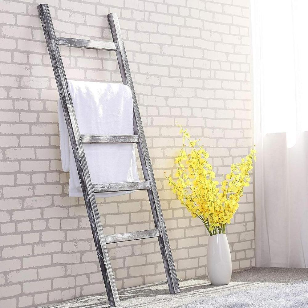 4.5-Foot Weathered Wood Decorative Blanket Ladder Rack Wall Leaning Ladder Shelf