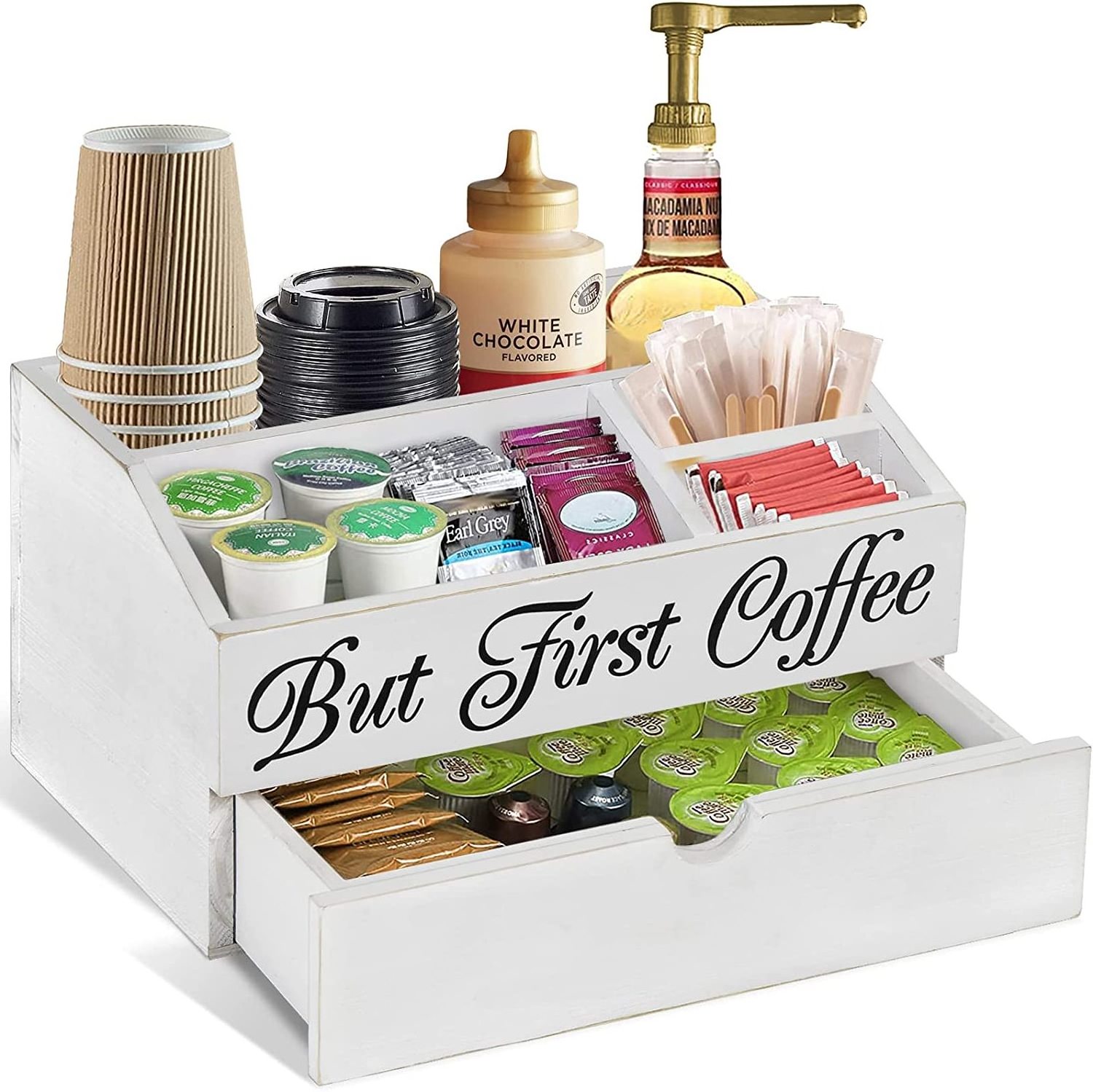 Coffee Station Organizer Wood K Cup Coffee Pods Holder with Drawer Countertop Coffee Bar Accessories Tea Bag Organizer