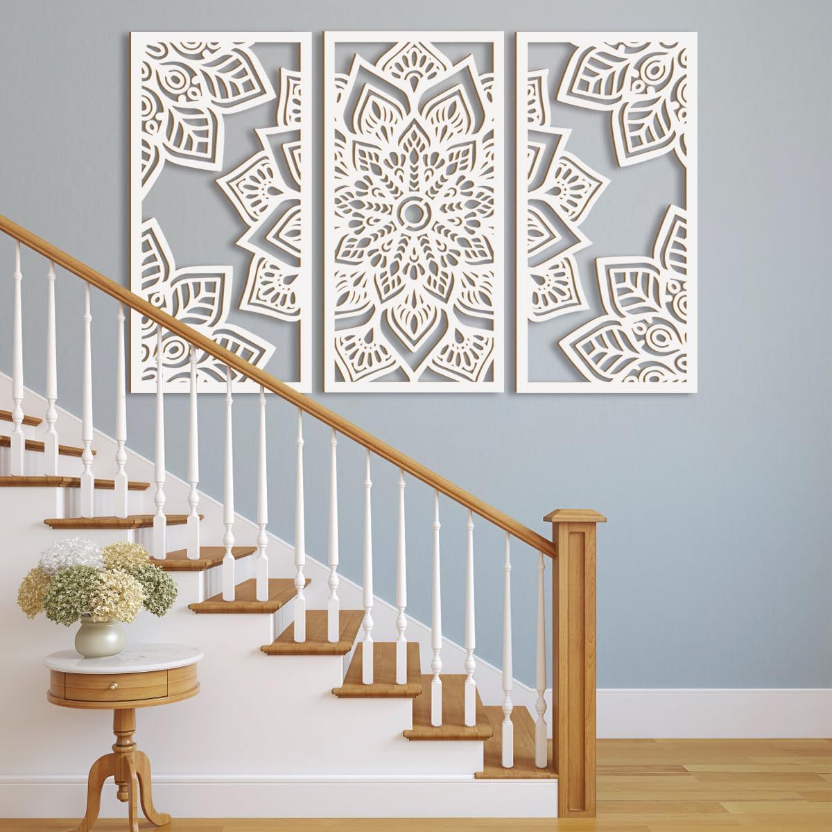 Lotus Flower Wall Art Decor Large White Mandala Wood Wall Decor Lotus Art Hollow Wall Decor 3 Panels