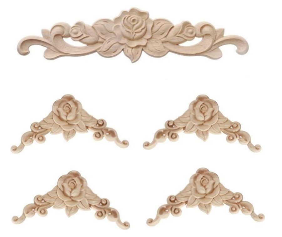 5PCS Wood Carved Onlay Applique Wood Appliques Onlays DIY Carved Furniture Appliques Onlays Unpainted Center Carving Decal