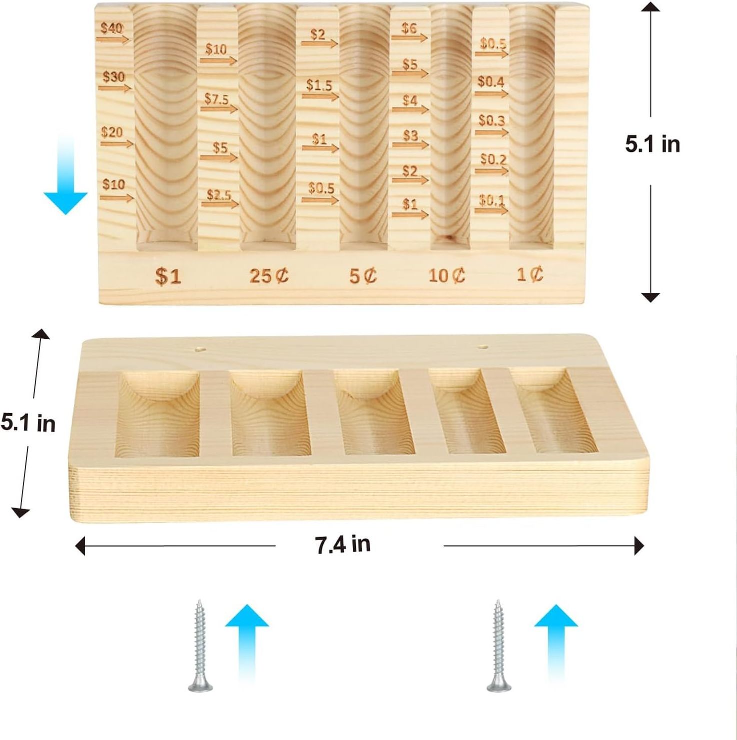 Wooden Coin Counter Piggy Bank Coin Sorter with 5 Compartment Change Organizer Coin Holder