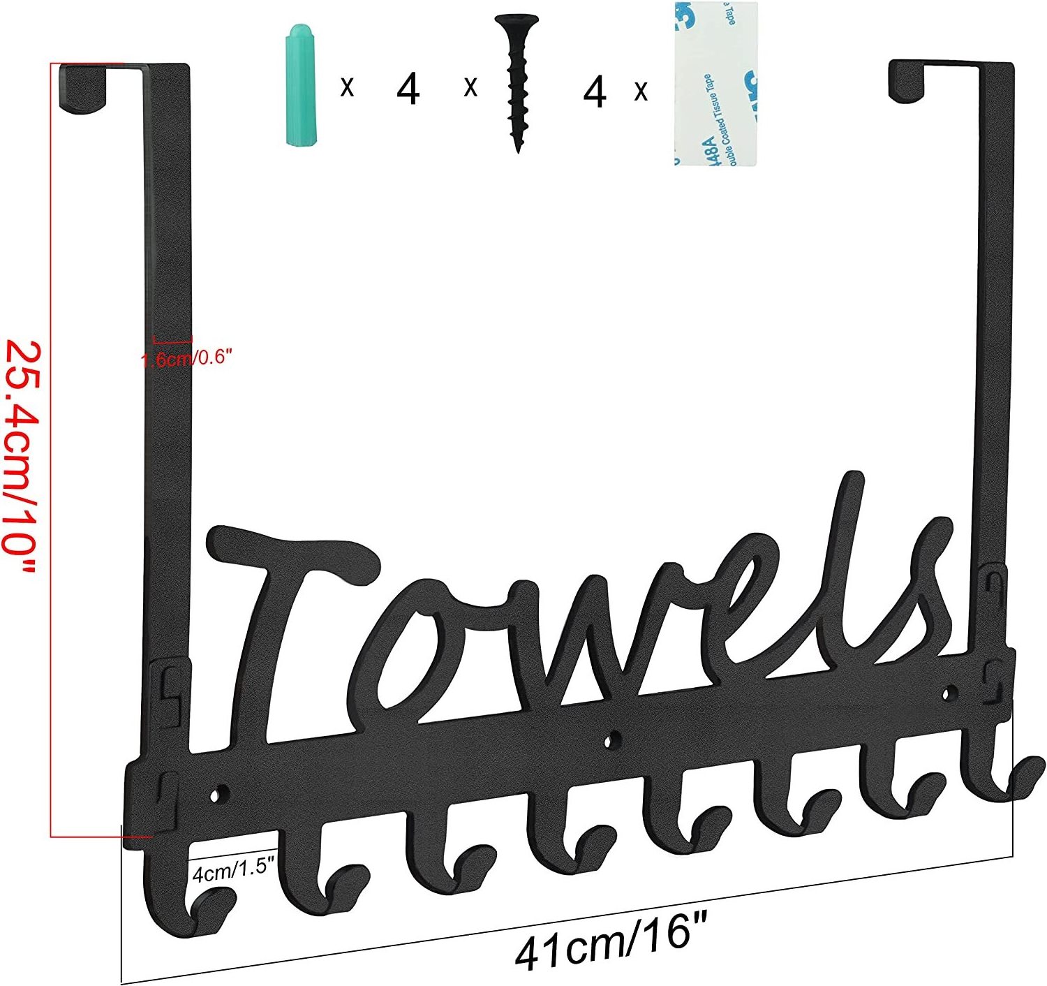 Black Metal Towel Hanger Over The Door Hooks Towel Racks Wall Mount Towel Holder for Bathroom, Kitchen