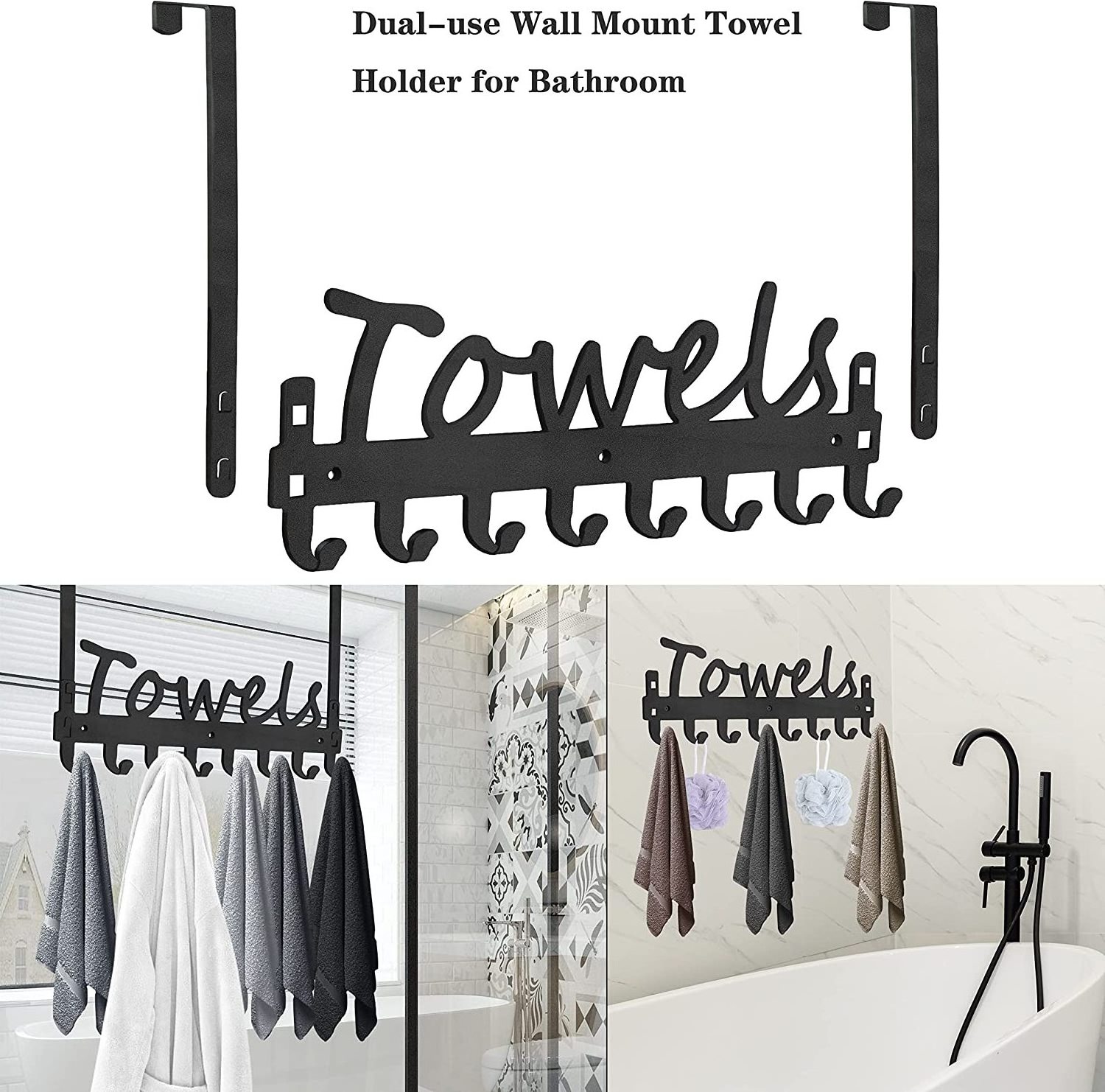 Black Metal Towel Hanger Over The Door Hooks Towel Racks Wall Mount Towel Holder for Bathroom, Kitchen