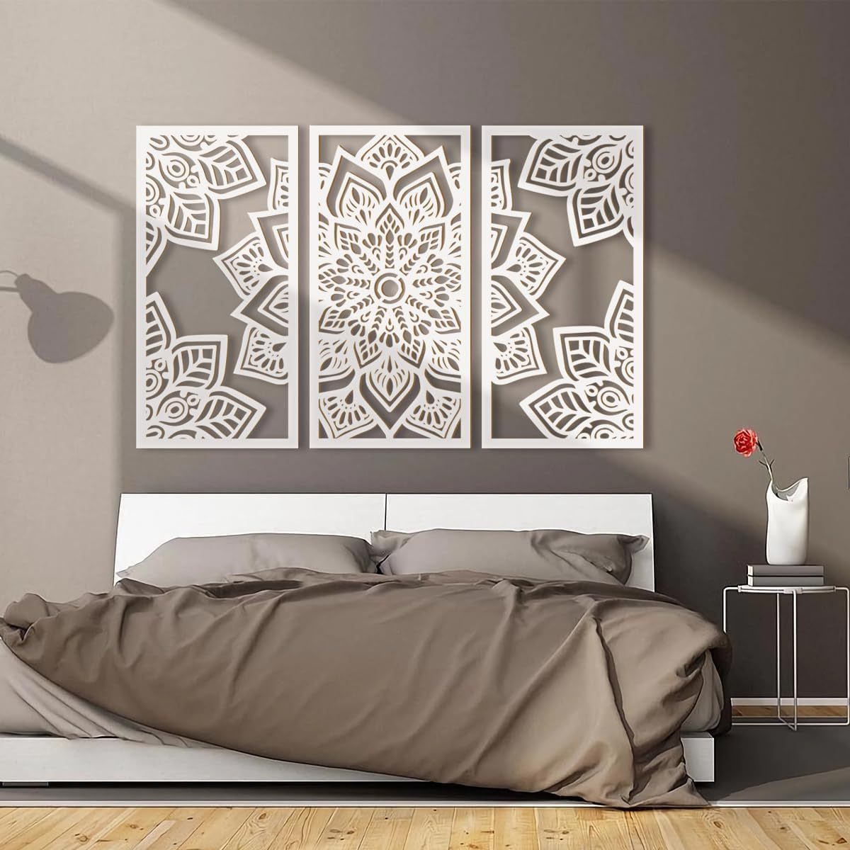 Lotus Flower Wall Art Decor Large White Mandala Wood Wall Decor Lotus Art Hollow Wall Decor 3 Panels