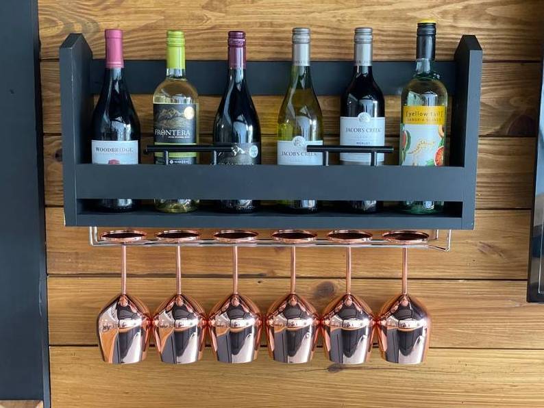 Wine Shelf  Wine Rack  Matte Black With Wine Glass Rack Solid Wood & Hand Made