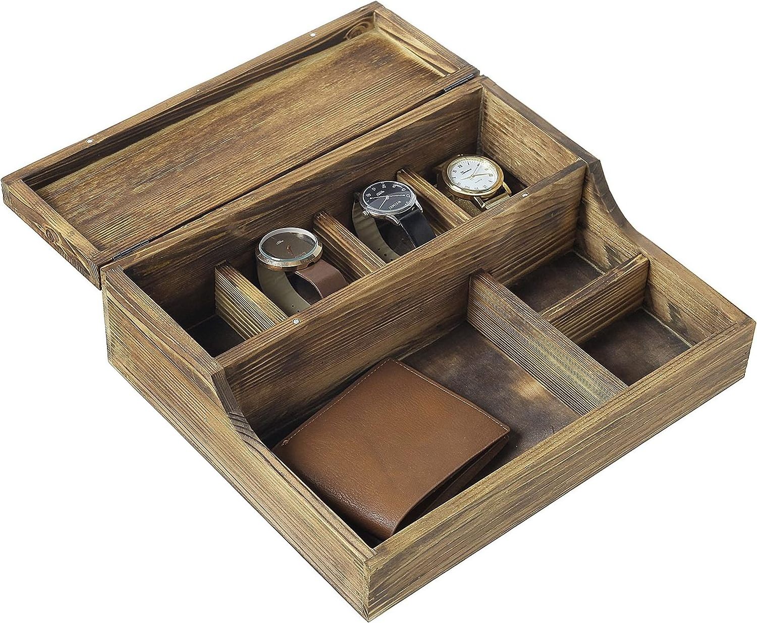 Rustic Burnt Wood Watch Display Case and Valet Storage Jewelry Box Organizer tray for Men and Women