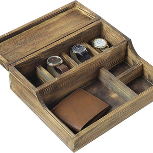 Rustic Burnt Wood Watch Display Case and Valet Storage Jewelry Box Organizer tray for Men and Women