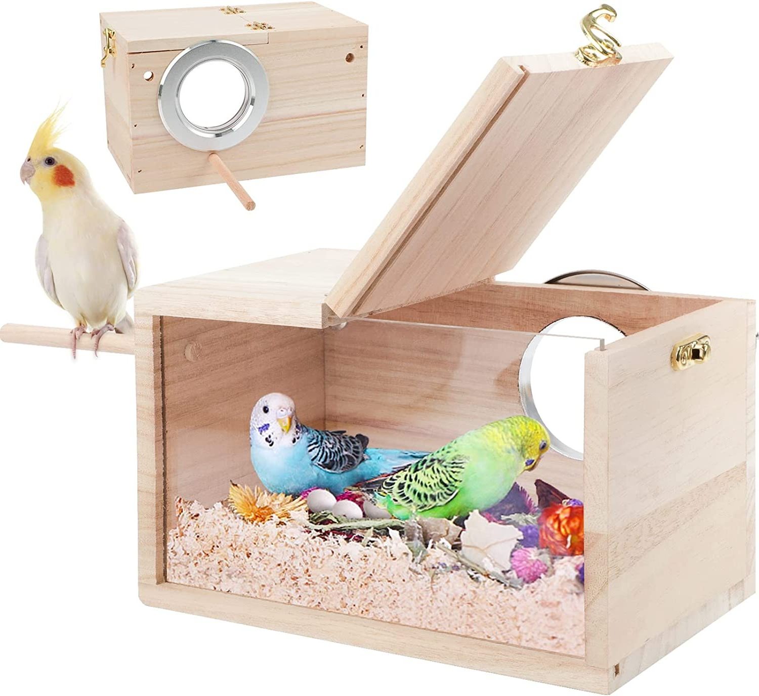 Bird Nest Breeding Box with Perch Wood Bird Cage House for Cockatiel Lovebirds Budgie Finch Parrotlets Canary