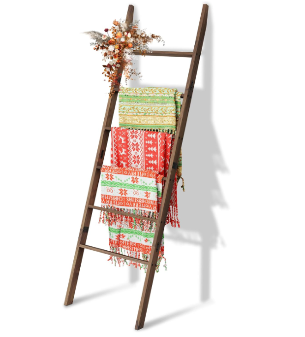 Wood 6-Tier Blanket Ladder Blanket Quilt Towel Holder Rack Decorative Ladder Wooden Rustic Farmhouse Ladder Shelf