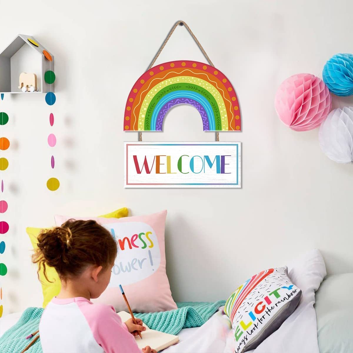 Boho Rainbow Wall Decor Rainbow Welcome Wooden Hanging Door Sign For Kids Bedroom Playroom Classroom Decor