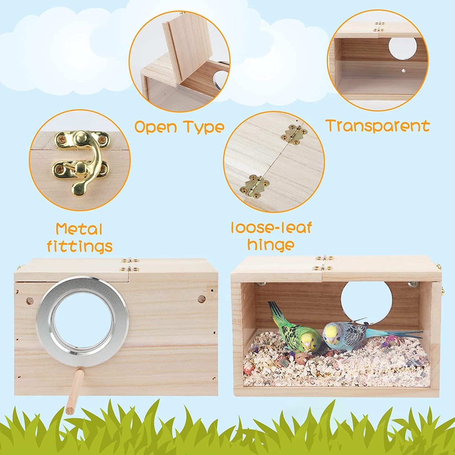 Bird Nest Breeding Box with Perch Wood Bird Cage House for Cockatiel Lovebirds Budgie Finch Parrotlets Canary