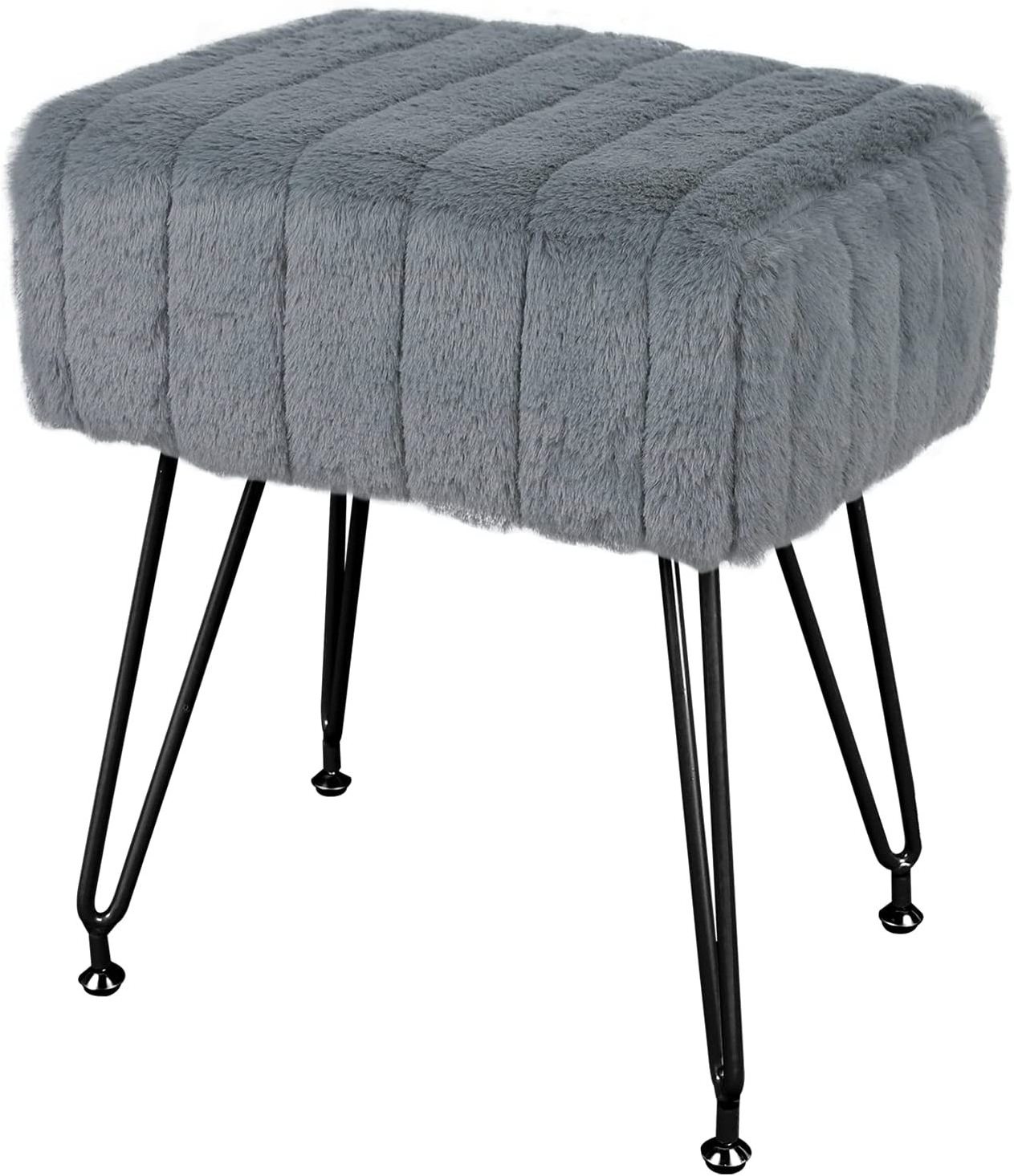 Luxury Ottoman Faux Fur Vanity Stool Chair Vanity Stool for Vanity Desk Rectangle Ottoman Footrest with Metal Legs