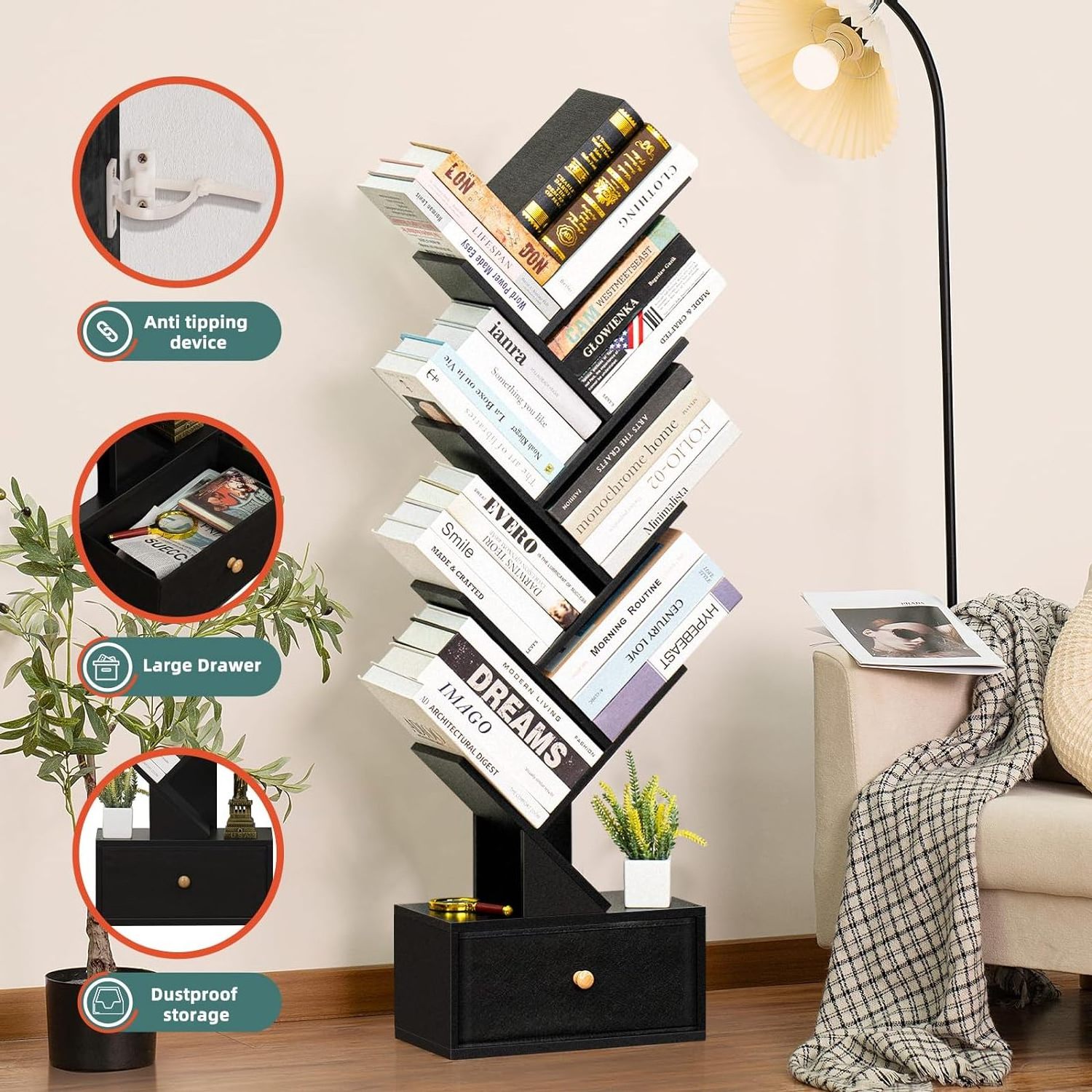 8 Tier Tree Bookshelf with Drawer Free Standing Wood Bookcase for Living Room  Space Saving Storage Organizer Bookshelves