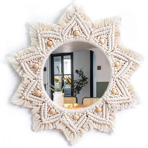 Boho Wall Decor Mirror Macrame Circle Hanging Mirror for Bedroom Living Room Apartment Entryway Home Decor