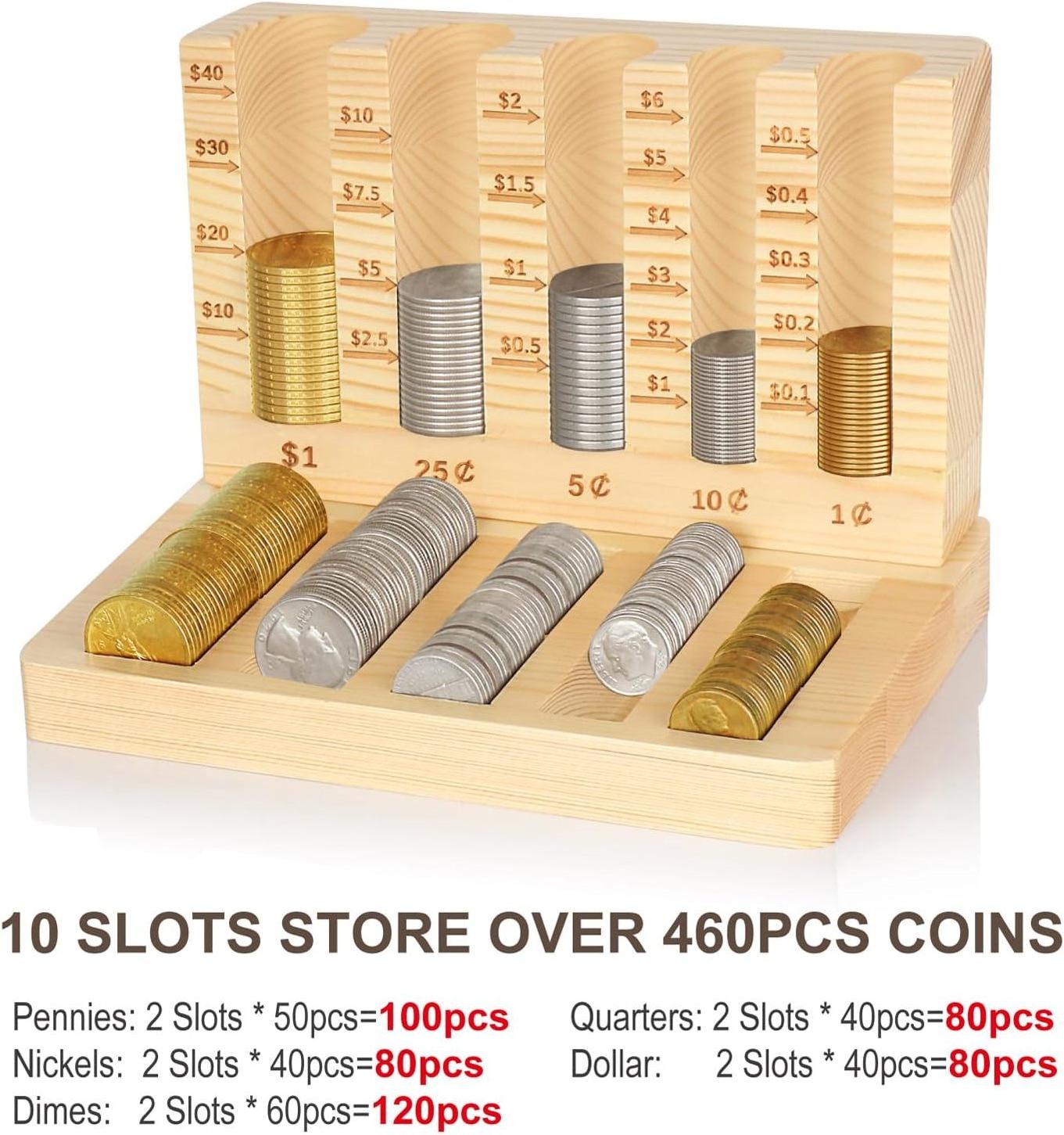 Wooden Coin Counter Piggy Bank Coin Sorter with 5 Compartment Change Organizer Coin Holder